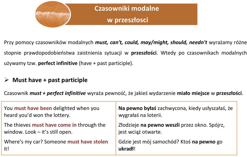 Must have + past participle Czasownik must + perfect infinitive wyraża pewność, że jakieś wydarzenie miało miejsce w przeszłości.