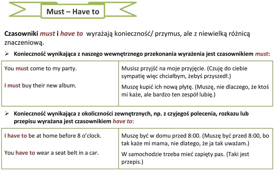 (Czuję do ciebie sympatię więc chciałbym, żebyś przyszedł.) Muszę kupić ich nową płytę. (Muszę, nie dlaczego, że ktoś mi każe, ale bardzo ten zespół lubię.