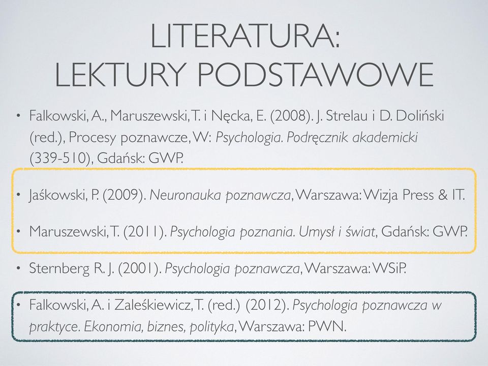 Neuronauka poznawcza, Warszawa: Wizja Press & IT. Maruszewski, T. (2011). Psychologia poznania. Umysł i świat, Gdańsk: GWP.