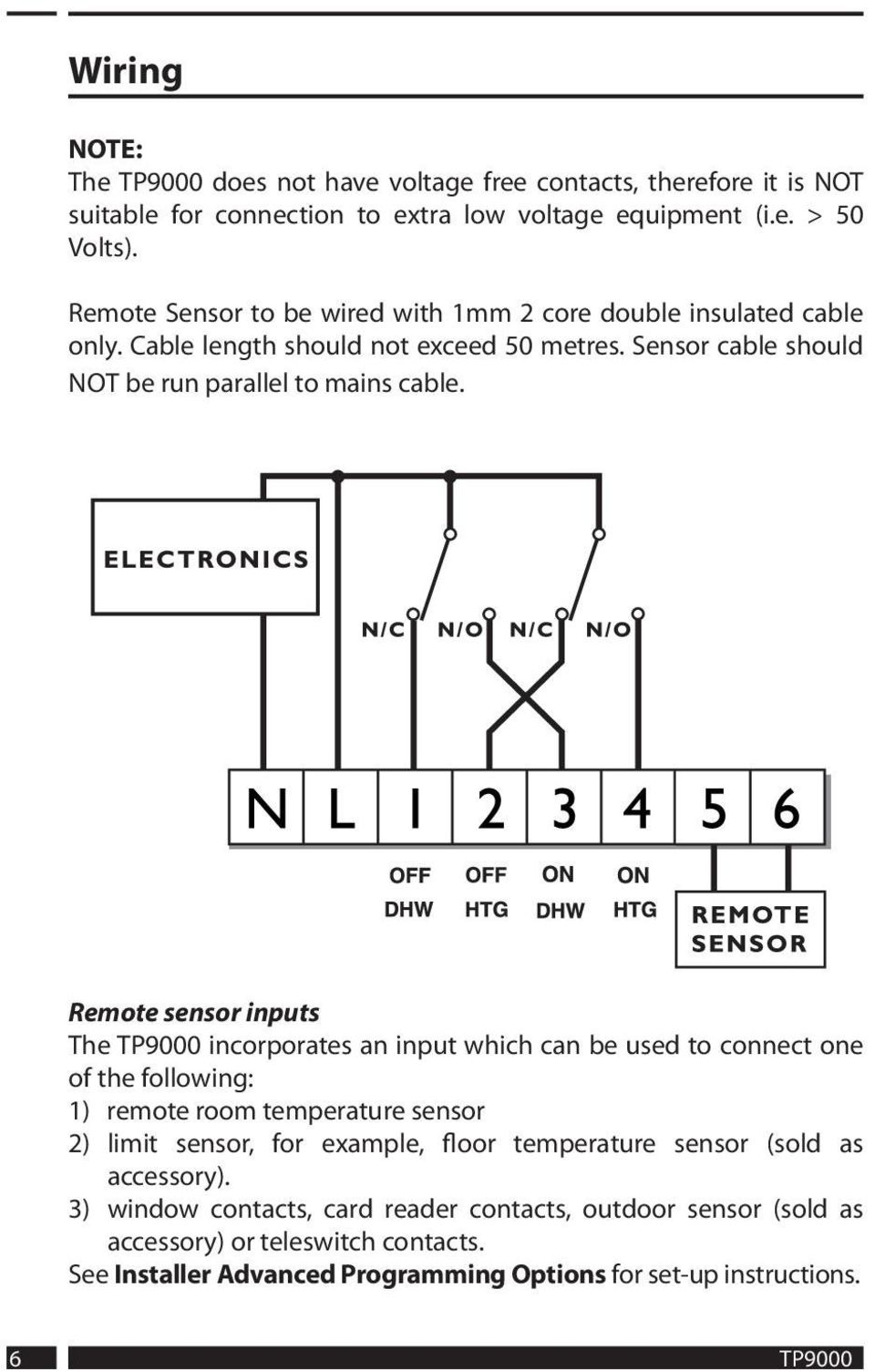 Remote sensor inputs The TP9000 incorporates an input which can be used to connect one of the following: 1) remote room temperature sensor 2) limit sensor, for example, floor