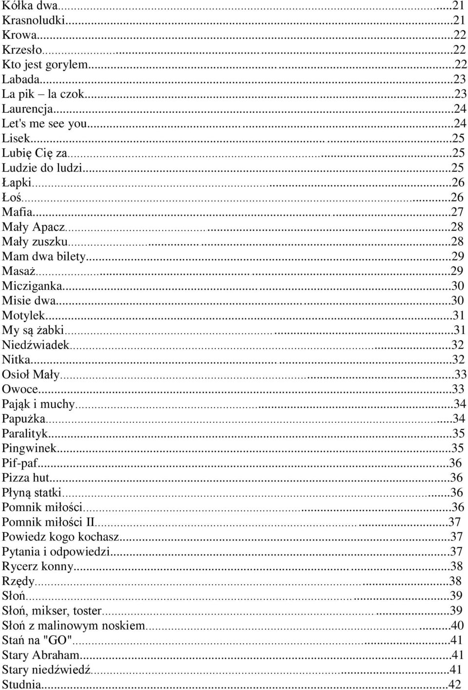 ..32 Osioł Mały...33 Owoce...33 Pająk i muchy...34 Papużka...34 Paralityk...35 Pingwinek...35 Pif-paf...36 Pizza hut...36 Płyną statki...36 Pomnik miłości...36 Pomnik miłości II.