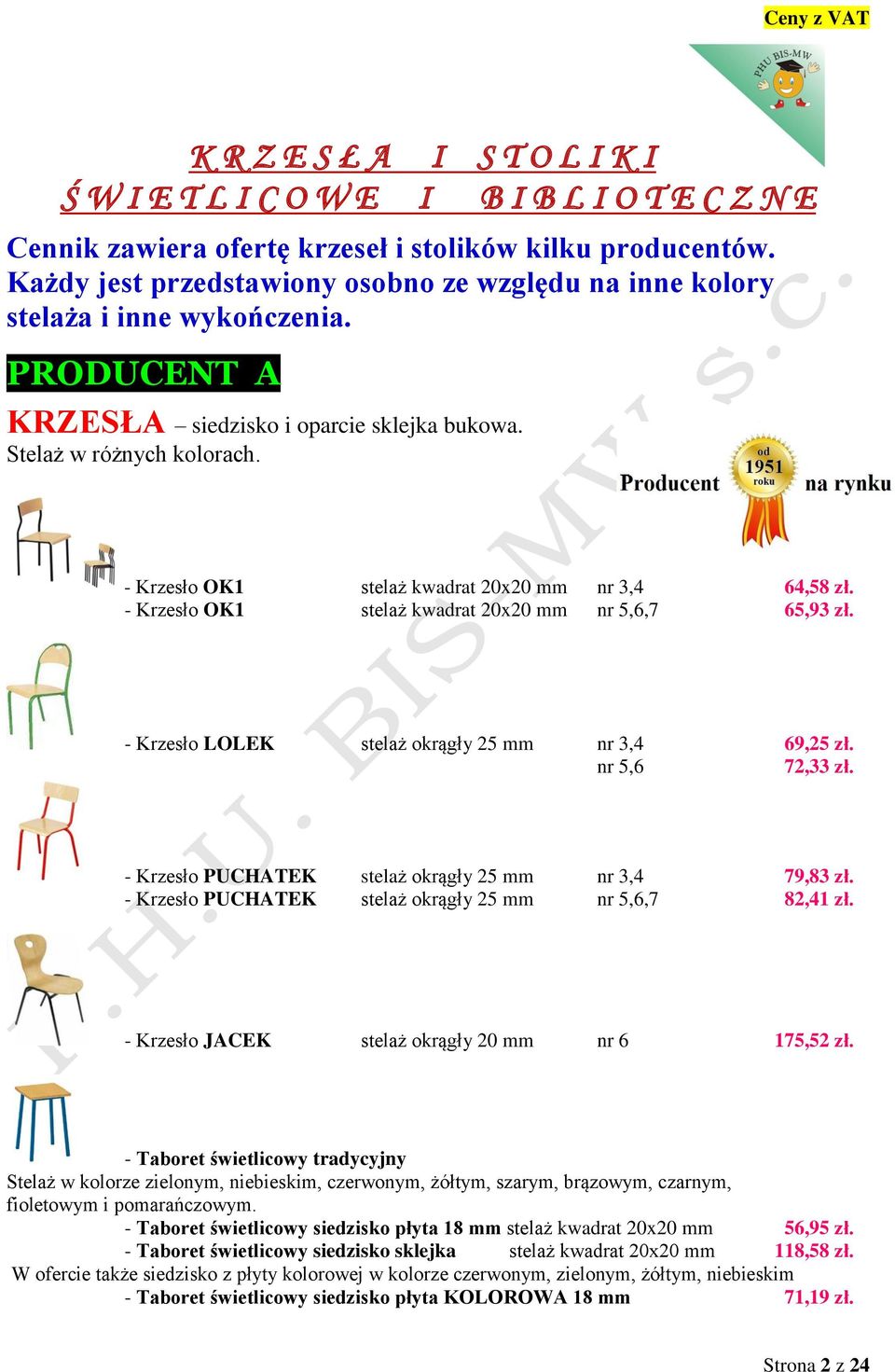 - Krzesło OK1 stelaż kwadrat 20x20 mm nr 3,4 64,58 zł. - Krzesło OK1 stelaż kwadrat 20x20 mm nr 5,6,7 65,93 zł. - Krzesło LOLEK stelaż okrągły 25 mm nr 3,4 69,25 zł. nr 5,6 72,33 zł.