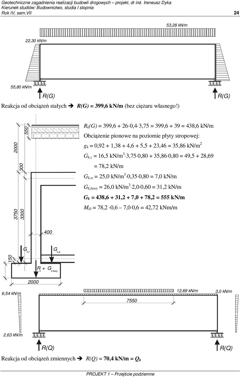 ) R(G) 2000 3750 3300 300 550 R k (G) = 399,6 + 26 0,4 3,75 = 399,6 + 39 = 438,6 kn/m Obiążenie pionowe na poziomie płyty stropowej: g k = 0,92 + 1,38 + 4,6 + 5,5 + 23,46 = 35,86 kn/m 2 G k,z = 16,5