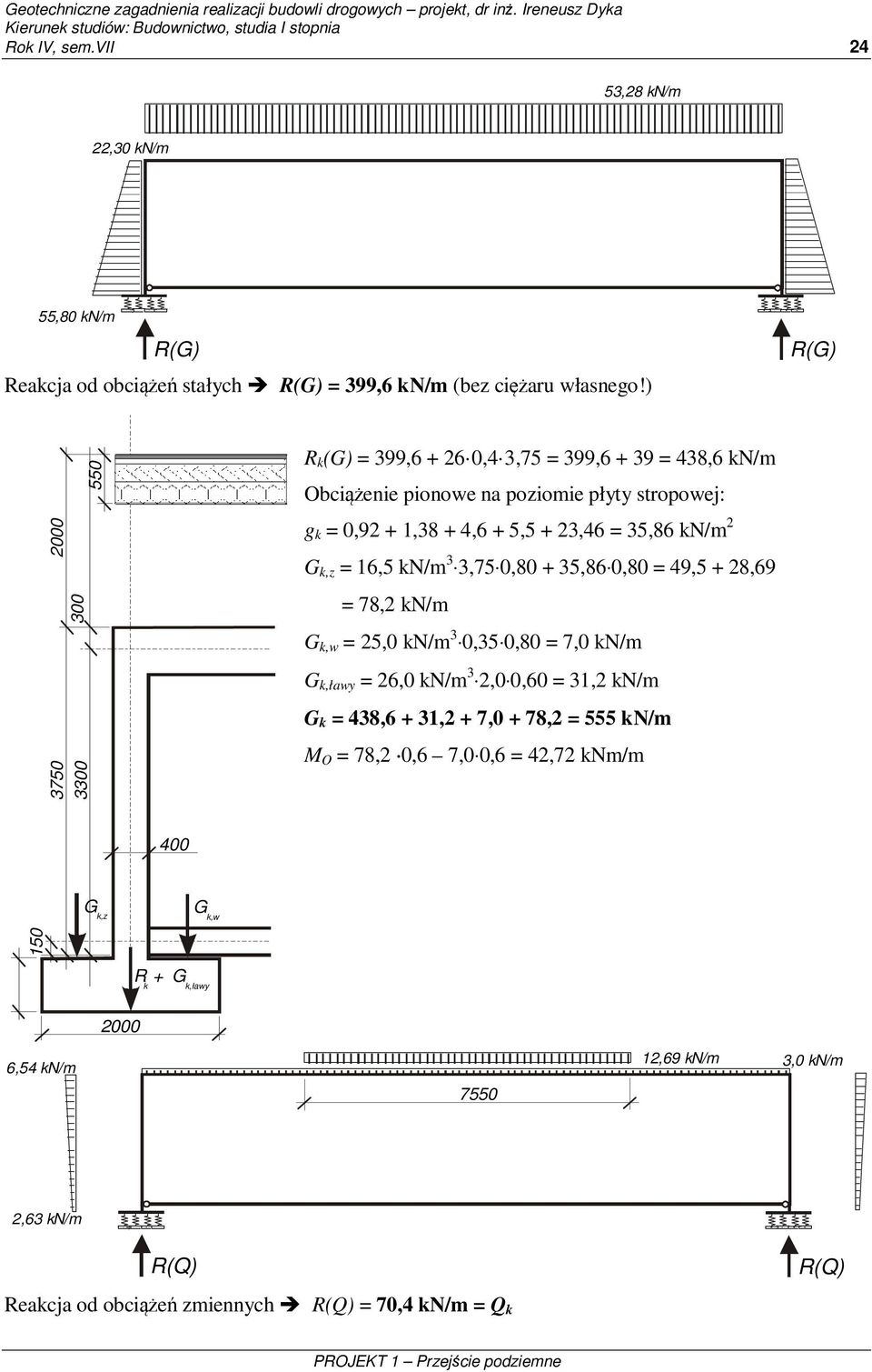 ) R(G) 2000 3750 3300 300 550 R k (G) = 399,6 + 26 0,4 3,75 = 399,6 + 39 = 438,6 kn/m Obiążenie pionowe na poziomie płyty stropowej: g k = 0,92 + 1,38 + 4,6 + 5,5 + 23,46 = 35,86 kn/m 2 G k,z = 16,5