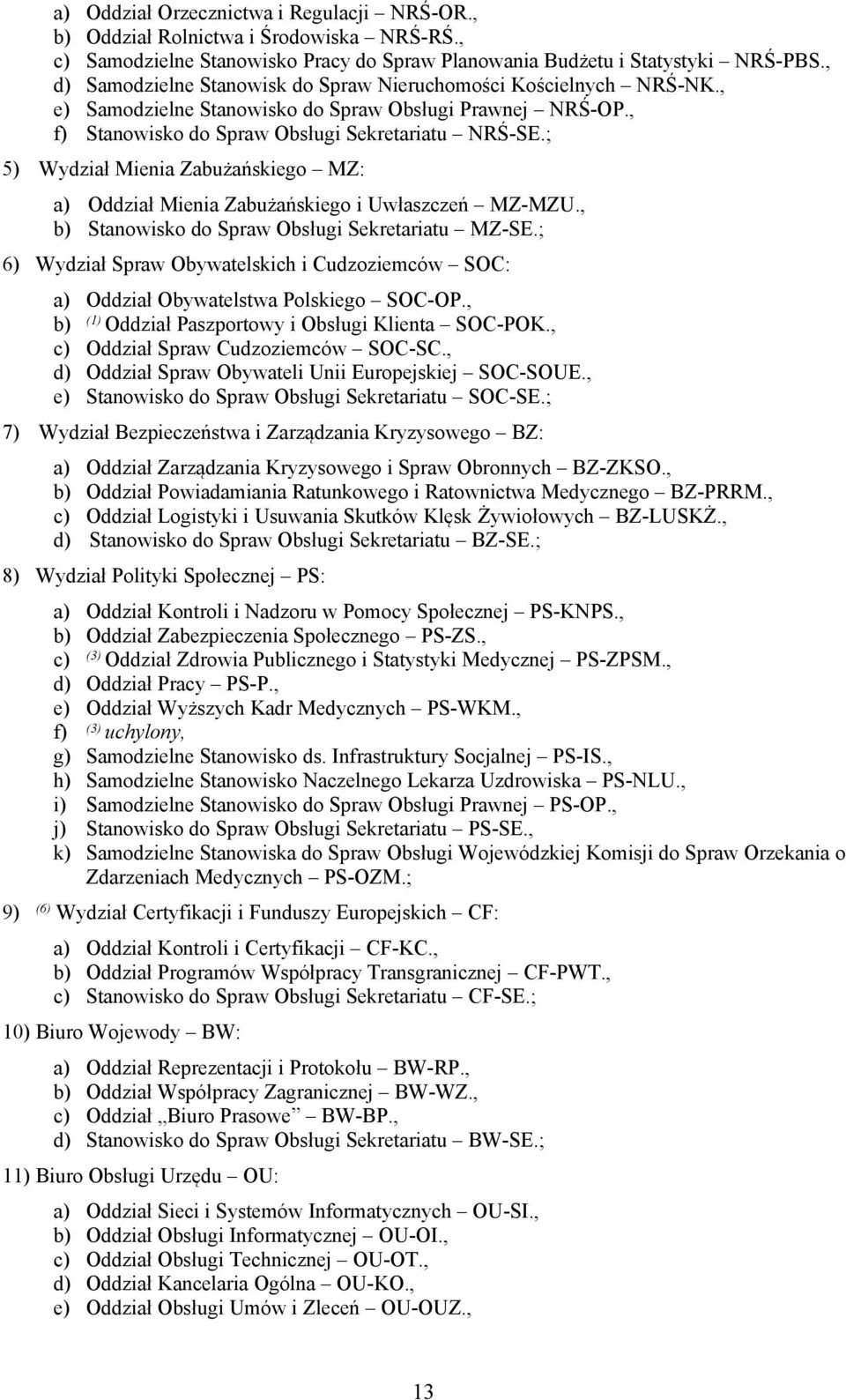 ; 5) Wydział Mienia Zabużańskiego MZ: a) Oddział Mienia Zabużańskiego i Uwłaszczeń MZ-MZU., b) Stanowisko do Spraw Obsługi Sekretariatu MZ-SE.