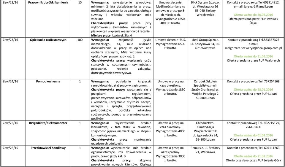 Miejsce pracy: Lwówek Zew/23/16 Opiekunka osób starszych 100 Wymagania: znajomość języka niemieckiego- A1, mile widziane doświadczenie w pracy w opiece nad osobami starszymi, Mile widziane kursy