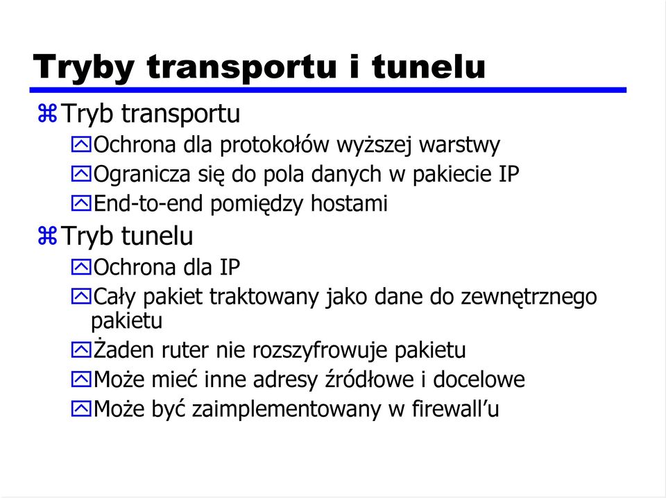 Ochrona dla IP Cały pakiet traktowany jako dane do zewnętrznego pakietu Żaden ruter nie