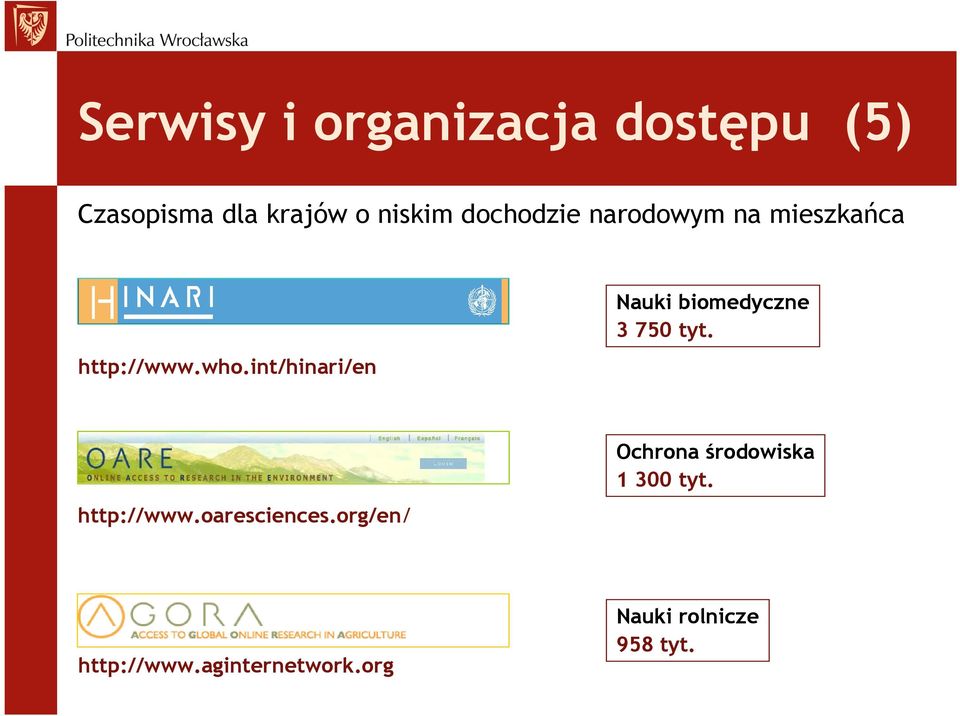 int/hinari/en Nauki biomedyczne 3 750 tyt. http://www.oaresciences.
