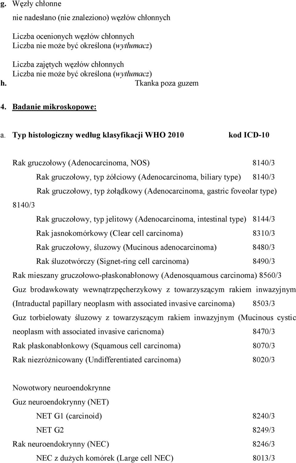 Typ histologiczny według klasyfikacji WHO 2010 kod ICD-10 Rak gruczołowy (Adenocarcinoma, NOS) 8140/3 Rak gruczołowy, typ Ŝółciowy (Adenocarcinoma, biliary type) 8140/3 Rak gruczołowy, typ Ŝołądkowy