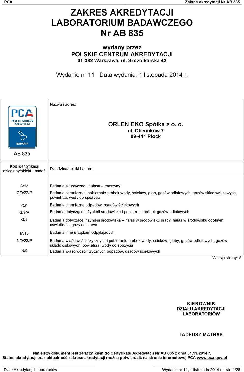 Chemików 7 09-411 Płock AB 835 Kod identyfikacji dziedziny/obiektu badań Dziedzina/obiekt badań: A/13 C/9/22/P C/9 G/9/P G/9 M/13 N/9/22/P N/9 Badania akustyczne i hałasu maszyny Badania chemiczne i