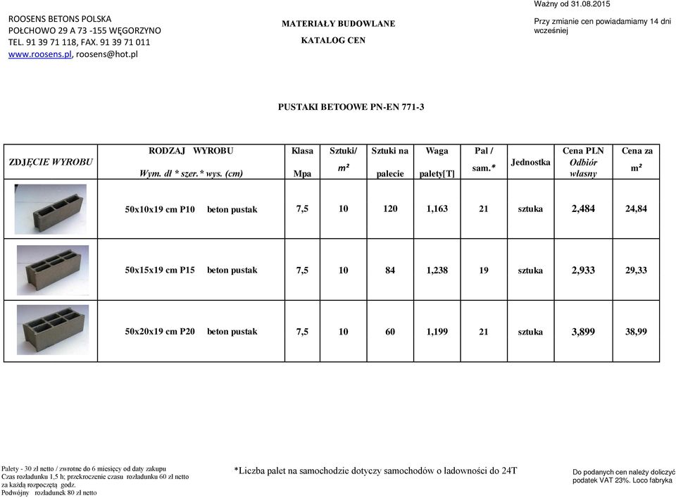 * Cena PLN Odbiór własny Cena za m² 50x10x19 cm P10 beton pustak 7,5 10 120