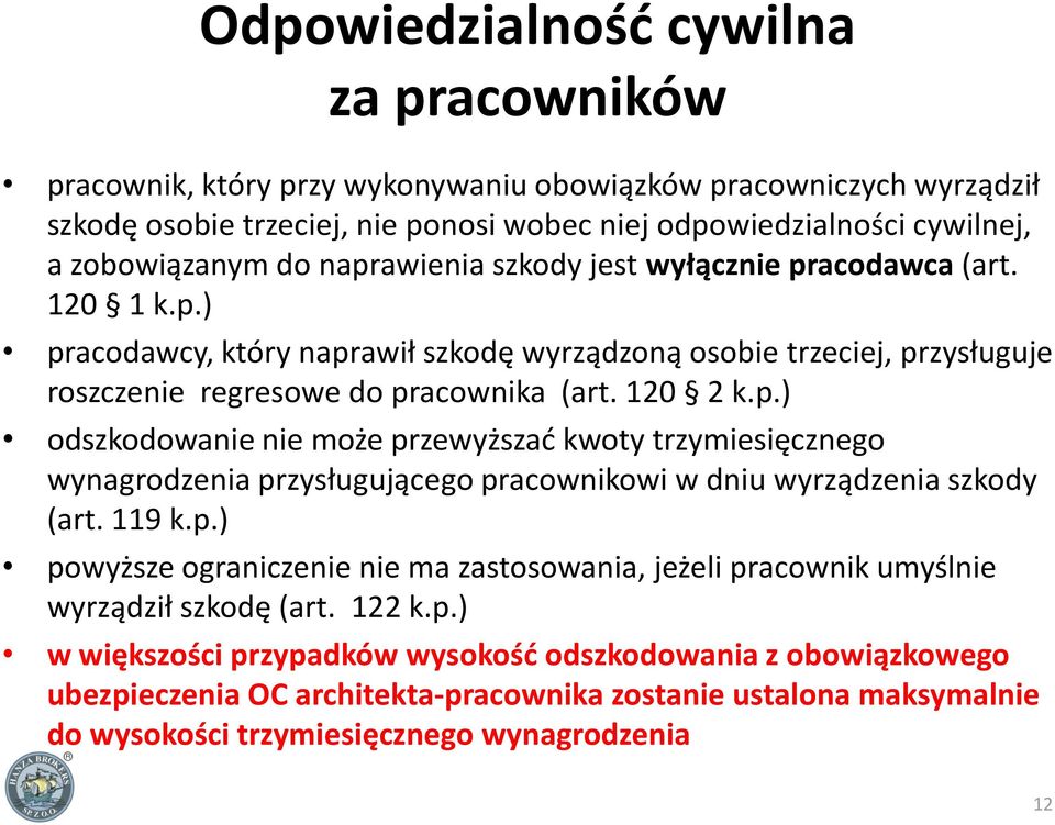 119 k.p.) powyższe ograniczenie nie ma zastosowania, jeżeli pracownik umyślnie wyrządził szkodę (art. 122 k.p.) w większości przypadków wysokośd odszkodowania z obowiązkowego ubezpieczenia OC architekta-pracownika zostanie ustalona maksymalnie do wysokości trzymiesięcznego wynagrodzenia 12