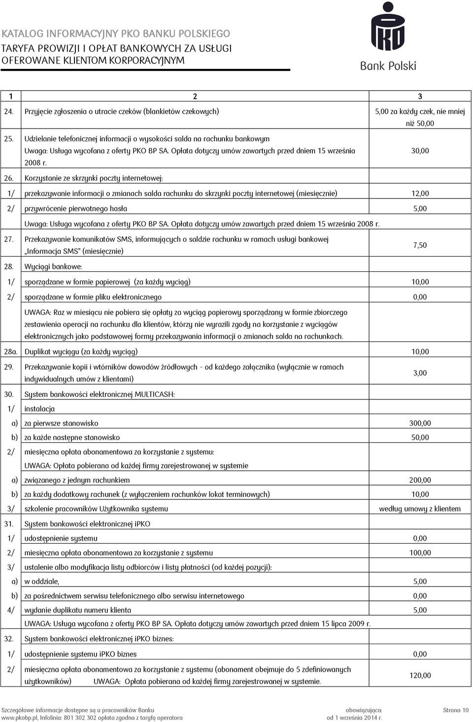 Korzystanie ze skrzynki poczty internetowej: 1/ przekazywanie informacji o zmianach salda rachunku do skrzynki poczty internetowej (miesięcznie) 12,00 2/ przywrócenie pierwotnego hasła 5,00 Usługa