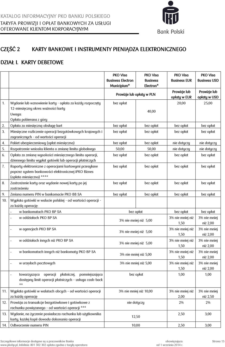 USD 1. Wydanie lub wznowienie karty - opłata za każdy rozpoczęty bez opłat 20,00 25,00 12-miesięczny okres ważności karty 40,00 Opłata pobierana z góry 2.