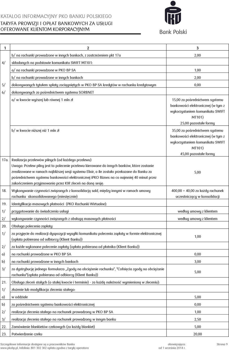 zł 15,00 za pośrednictwem systemu bankowości elektronicznej (w tym z wykorzystaniem komunikatu SWIFT MT101) 25,00 pozostałe formy b/ w kwocie niższej niż 1 mln zł 35,00 za pośrednictwem systemu