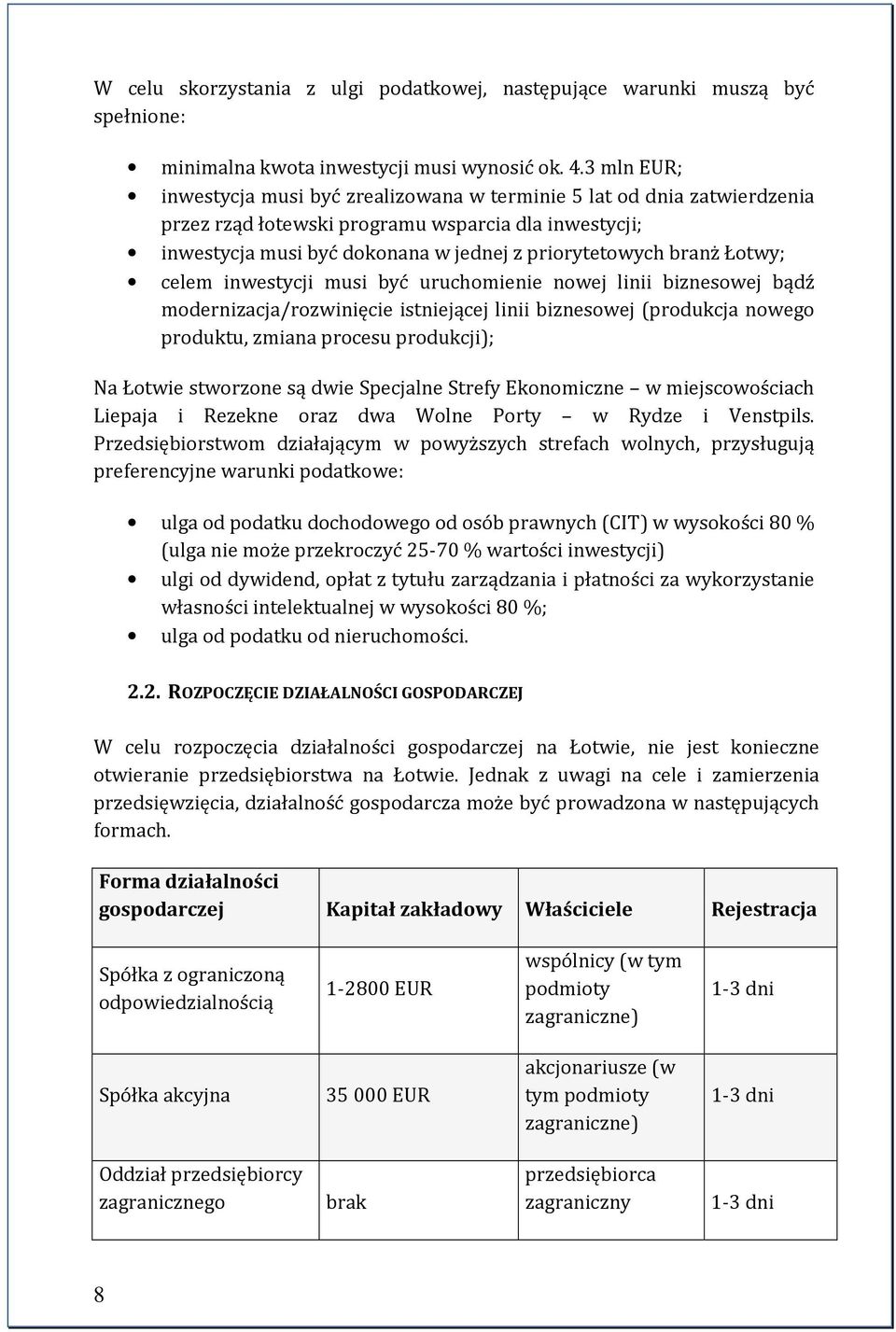 Łotwy; celem inwestycji musi być uruchomienie nowej linii biznesowej bądź modernizacja/rozwinięcie istniejącej linii biznesowej (produkcja nowego produktu, zmiana procesu produkcji); Na Łotwie