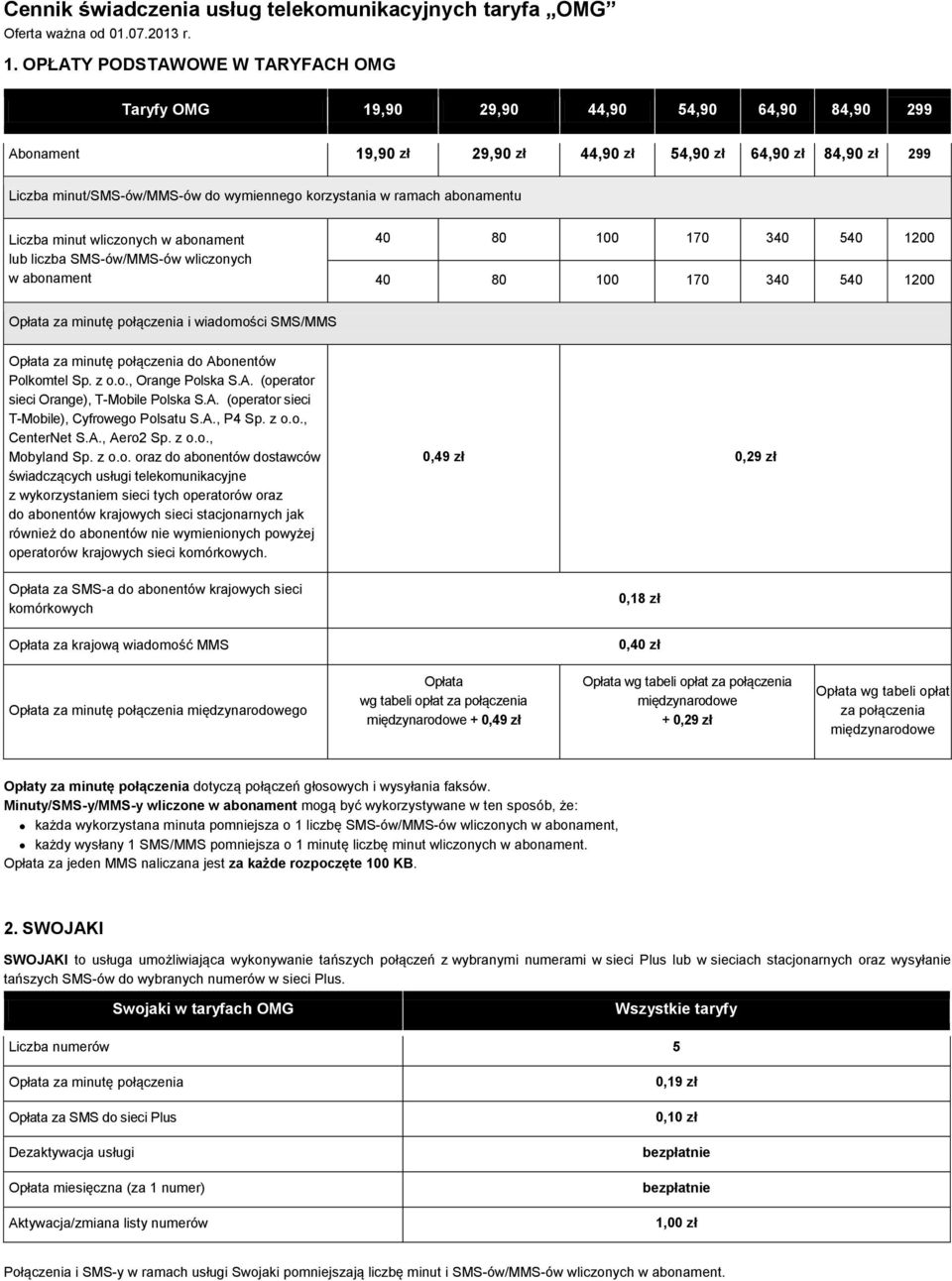 korzystania w ramach abonamentu Liczba minut wliczonych w abonament lub liczba SMS-ów/MMS-ów wliczonych w abonament 40 80 100 170 340 540 1200 40 80 100 170 340 540 1200 Opłata za minutę połączenia i