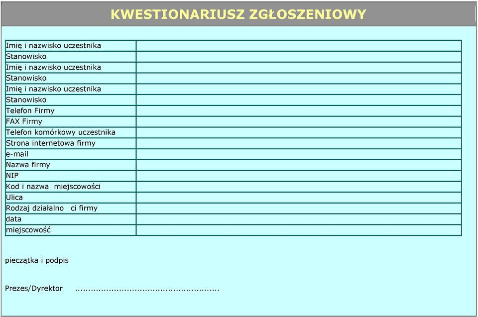Telefon komórkowy uczestnika Strona internetowa firmy e-mail Nazwa firmy NIP Kod i nazwa