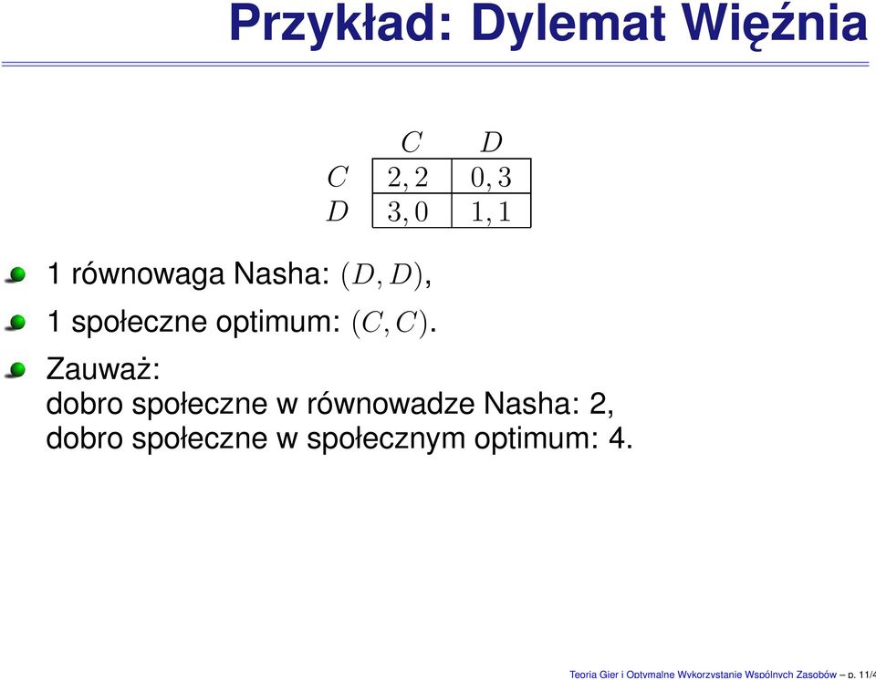 równowaga Nasha: (D, D), 1 społeczne optimum: (C, C).