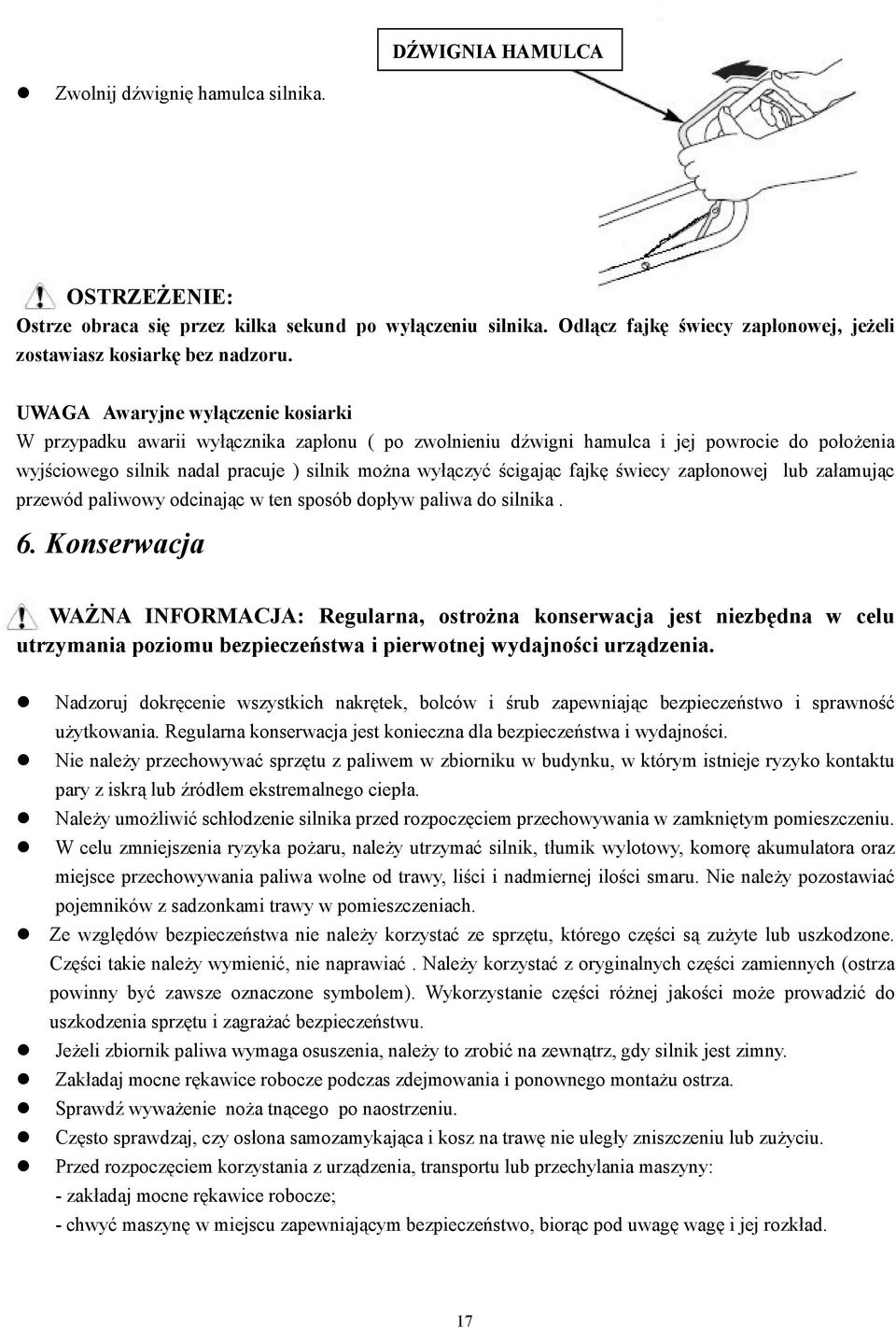 fajkę świecy zapłonowej lub załamując przewód paliwowy odcinając w ten sposób dopływ paliwa do silnika. 6.
