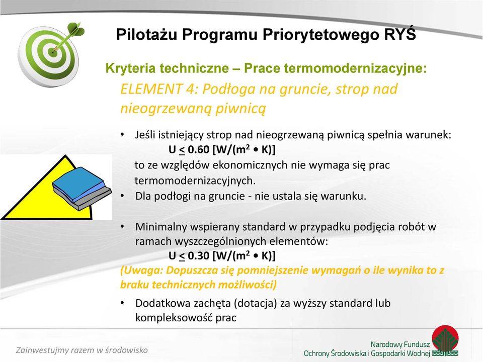 Dla podłogi na gruncie - nie ustala się warunku. Minimalny wspierany standard w przypadku podjęcia robót w ramach wyszczególnionych elementów: U < 0.