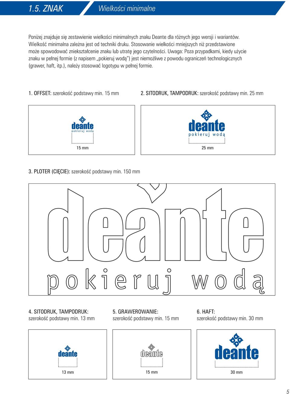 Uwaga: Poza przypadkami, kiedy użycie znaku w pełnej formie (z napisem pokieruj wodą ) jest niemożliwe z powodu ograniczeń technologicznych (grawer, haft, itp.