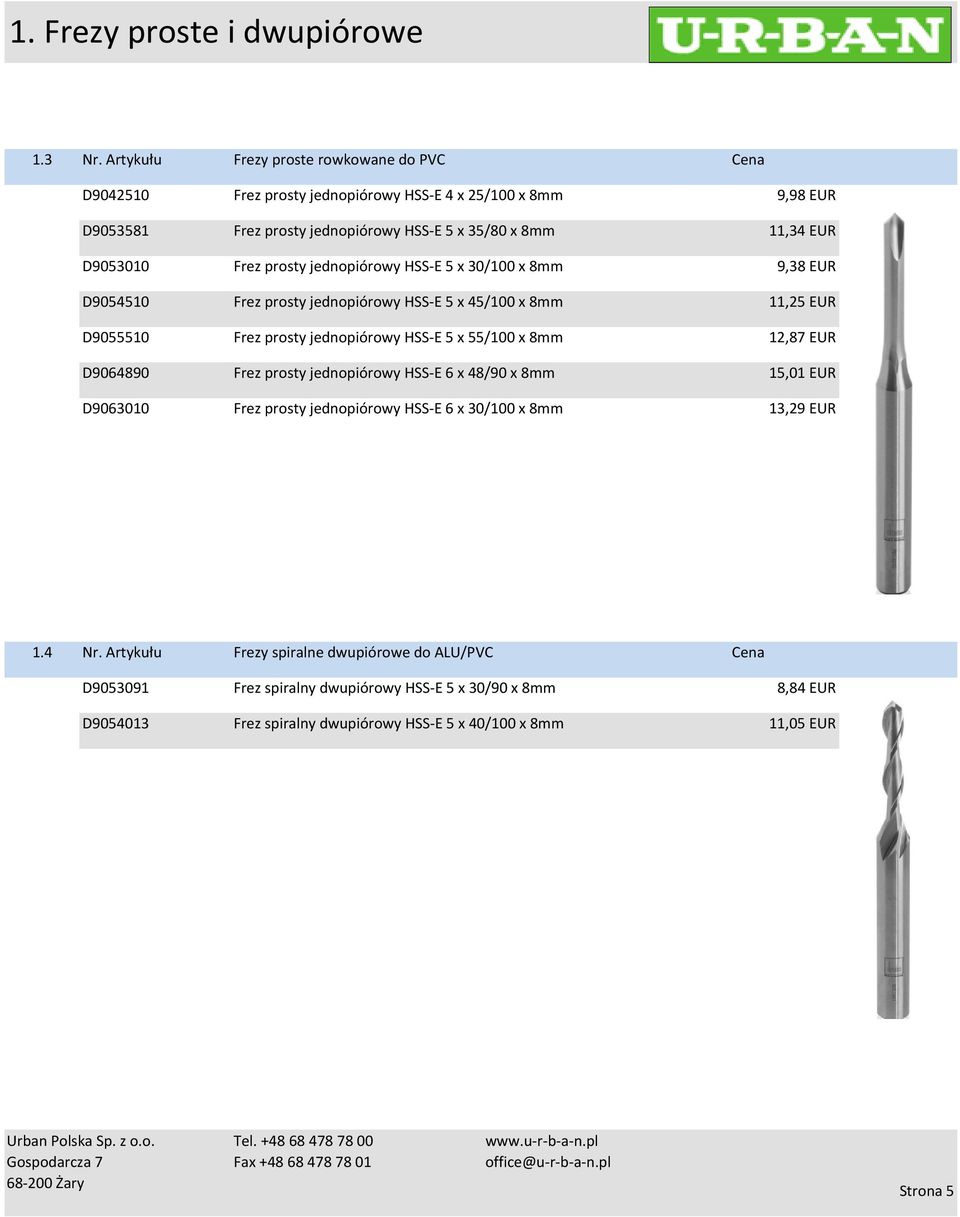 x 35/80 x 8mm Frez prosty jednopiórowy HSS-E 5 x 30/100 x 8mm Frez prosty jednopiórowy HSS-E 5 x 45/100 x 8mm Frez prosty jednopiórowy HSS-E 5 x 55/100 x 8mm Frez prosty jednopiórowy