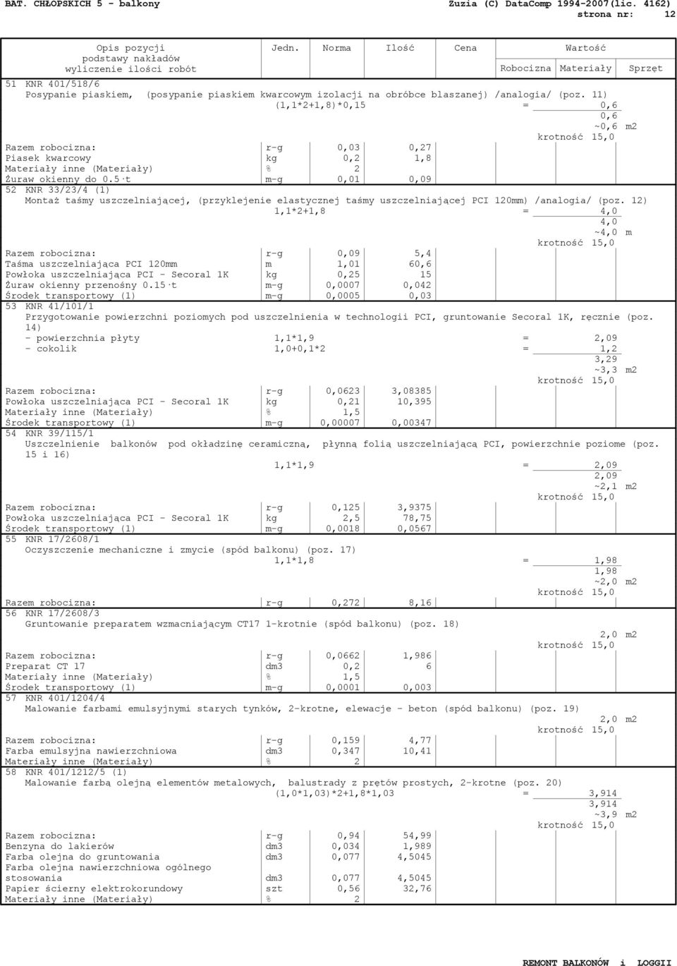 5 t m-g 0,01 0,09 52 KNR 33/23/4 (1) Montaż taśmy uszczelniającej, (przyklejenie elastycznej taśmy uszczelniającej PCI 120mm) /analogia/ (poz.