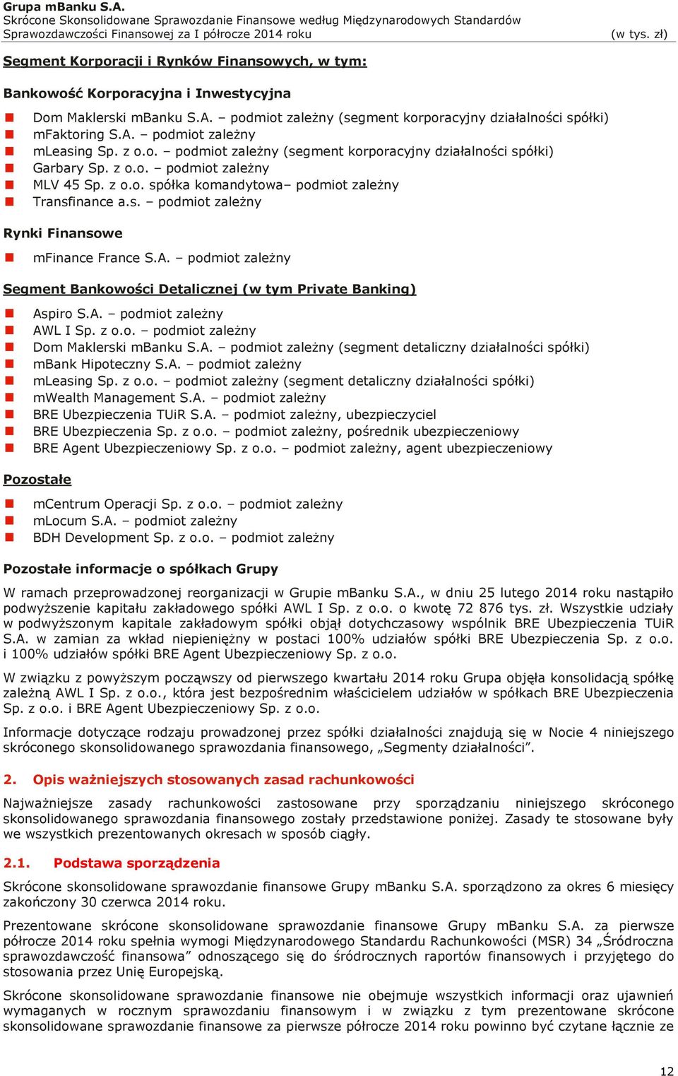A. podmiot zależny Segment Bankowości Detalicznej (w tym Private Banking) Aspiro S.A. podmiot zależny AWL I Sp. z o.o. podmiot zależny mbank Hipoteczny S.A. podmiot zależny mwealth Management S.A. podmiot zależny Dom Maklerski mbanku S.