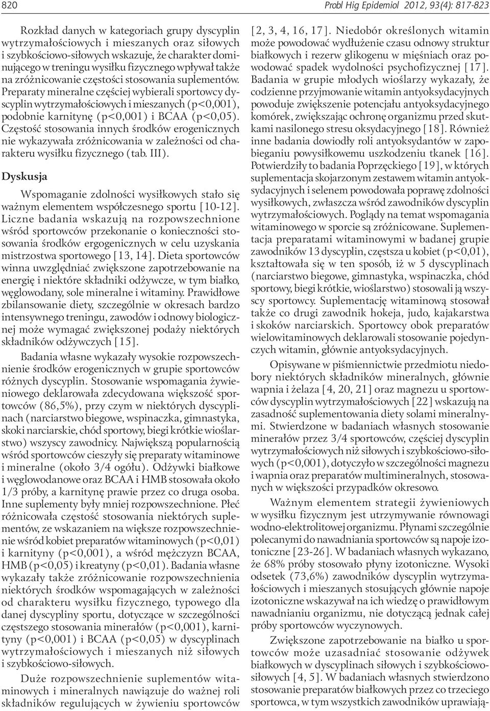 Preparaty mineralne częściej wybierali sportowcy dyscyplin wytrzymałościowych i mieszanych (p<0,001), podobnie karnitynę (p<0,001) i BCAA (p<0,05).
