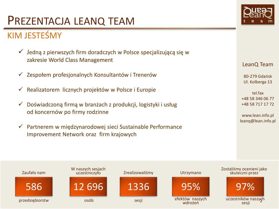 Performance Improvement Network oraz firm krajowych LeanQ Team 80-279 Gdańsk Ul. Kolberga 13 tel.fax +48 58 346 06 77 +48 58 717 17 72 www.lean.info.