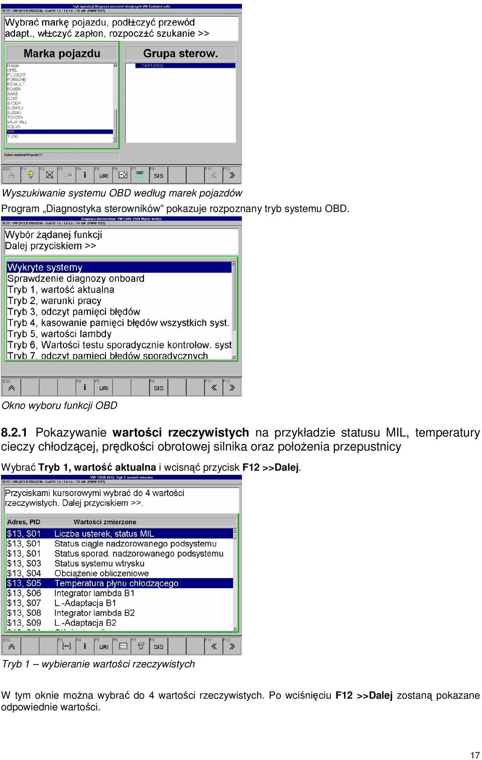 1 Pokazywanie wartoci rzeczywistych na przykładzie statusu MIL, temperatury cieczy chłodzcej, prdkoci obrotowej silnika oraz