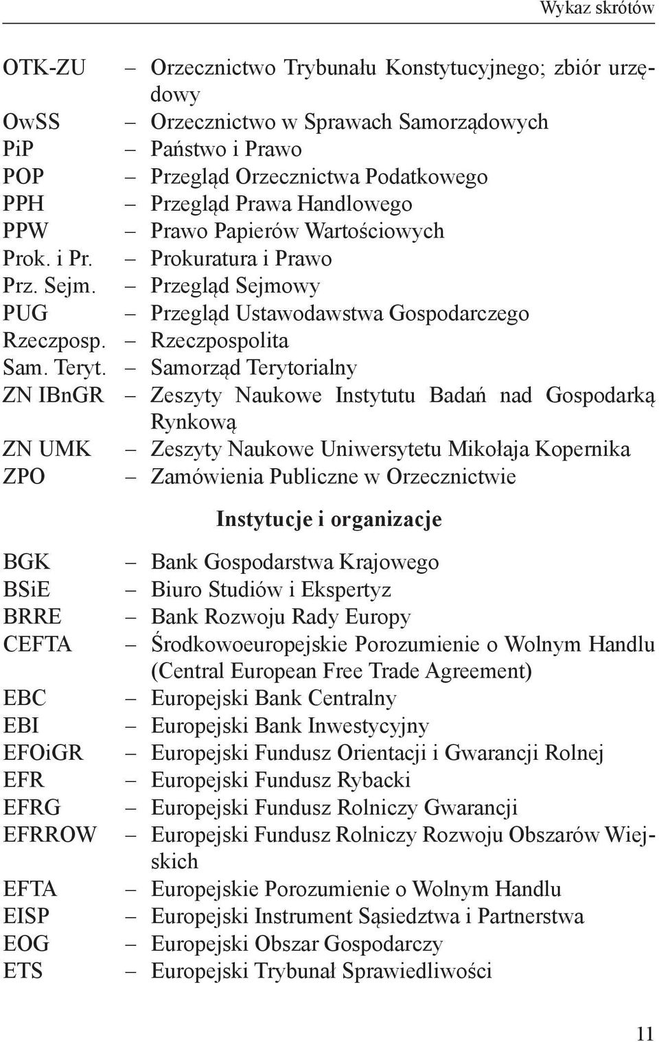 Samorząd Terytorialny ZN IBnGR Zeszyty Naukowe Instytutu Badań nad Gospodarką Rynkową ZN UMK Zeszyty Naukowe Uniwersytetu Mikołaja Kopernika ZPO Zamówienia Publiczne w Orzecznictwie BGK BSiE BRRE