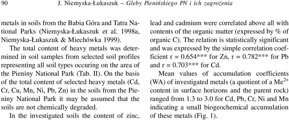 On the basis of the total content of selected heavy metals (Cd, Cr, Cu, Mn, Ni, Pb, Zn) in the soils from the Pieniny National Park it may be assumed that the soils are not chemically degraded.