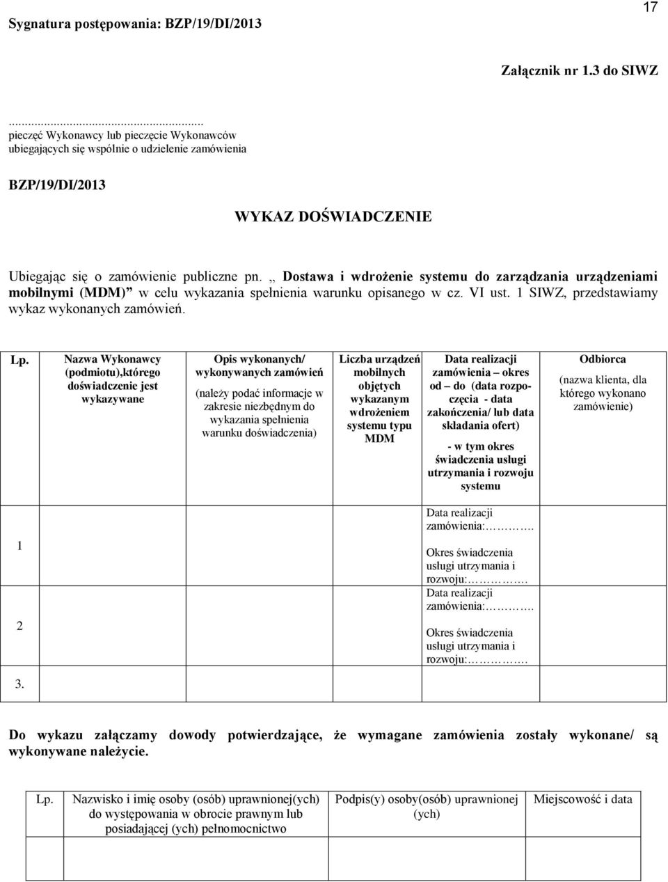 Dostawa i wdrożenie systemu do zarządzania urządzeniami mobilnymi (MDM) w celu wykazania spełnienia warunku opisanego w cz. VI ust. 1 SIWZ, przedstawiamy wykaz wykonanych zamówień. Lp.