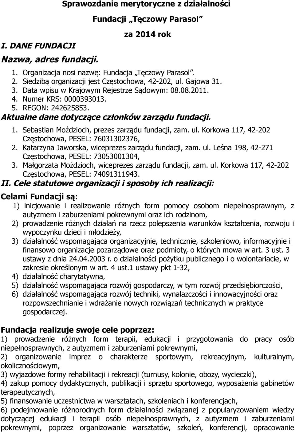 Sebastian Moździoch, prezes zarządu fundacji, zam. ul. Korkowa 117, 42-202 Częstochowa, PESEL: 76031302376, 2. Katarzyna Jaworska, wiceprezes zarządu fundacji, zam. ul. Leśna 198, 42-271 Częstochowa, PESEL: 73053001304, 3.