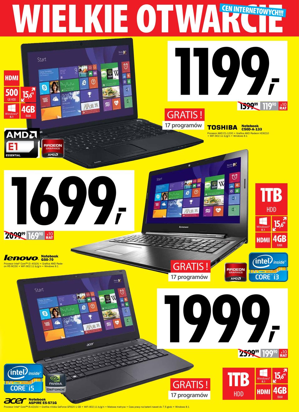 1 15,6" 4GB RAM Notebook G50-70 Procesor Intel Core i3-4010u Grafika AMD Radeon R5 M230 WiFi 802.11 b/g/n Windows 8.1 gratis!
