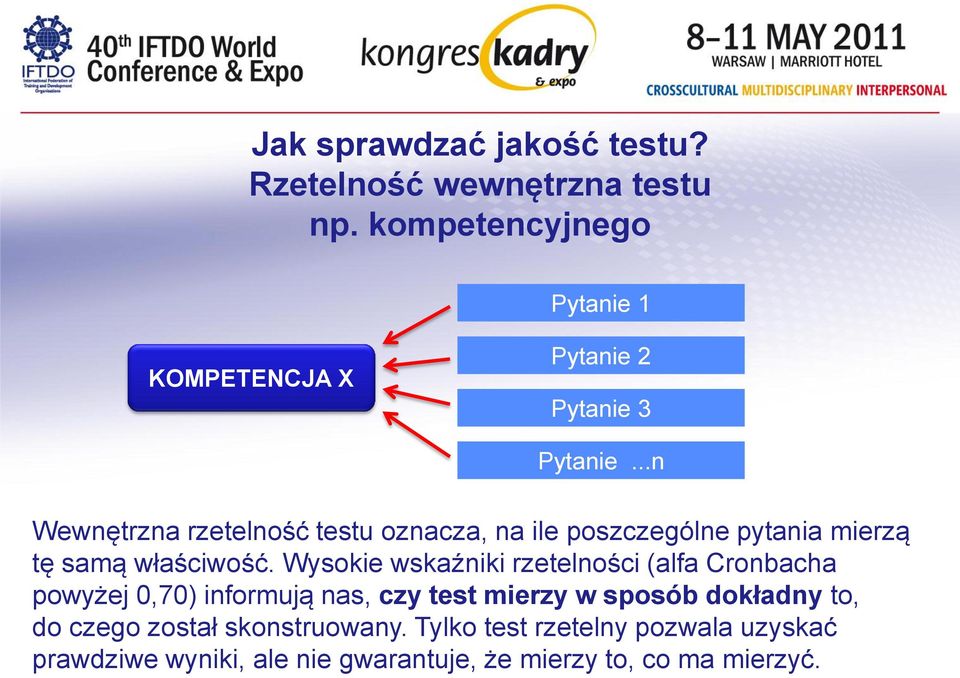 ..n Wewnętrzna rzetelność testu oznacza, na ile poszczególne pytania mierzą tę samą właściwość.