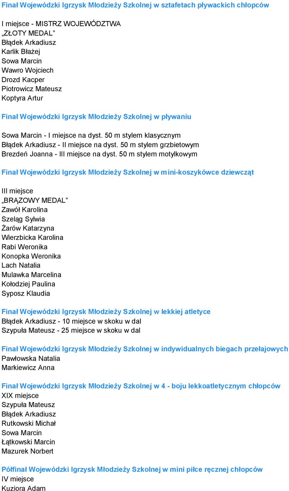 50 m stylem motylkowym Finał Wojewódzki Igrzysk Młodzieży Szkolnej w mini-koszykówce dziewcząt III miejsce BRĄZOWY MEDAL Rabi Weronika Kołodziej Paulina Syposz Klaudia Finał Wojewódzki Igrzysk