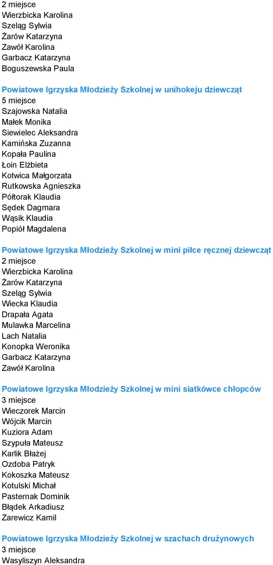 Igrzyska Młodzieży Szkolnej w mini piłce ręcznej dziewcząt Wiecka Klaudia Drapała Agata Garbacz Katarzyna Powiatowe Igrzyska Młodzieży Szkolnej w mini siatkówce