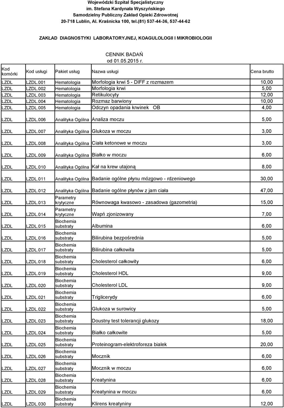 001 Hematologia Morfologia krwi 5 - DIFF z rozmazem LZDL LZDL.002 Hematologia Morfologia krwi 5,00 LZDL LZDL.003 Hematologia Retikulocyty 12,00 LZDL LZDL.004 Hematologia Rozmaz barwiony LZDL LZDL.