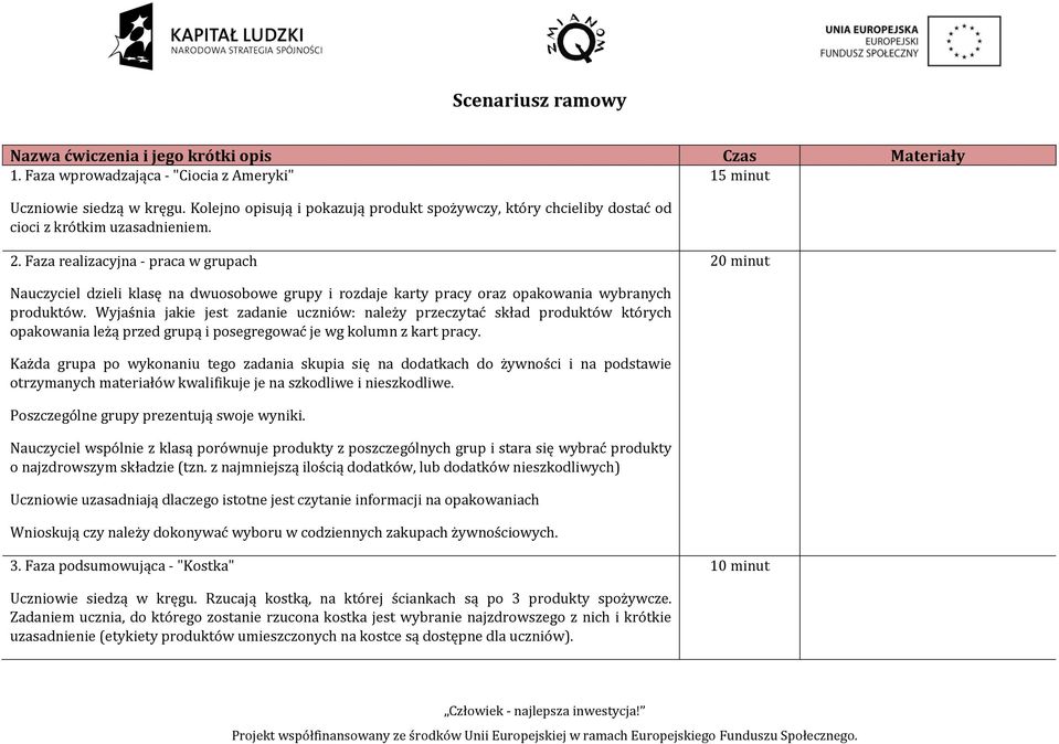 Faza realizacyjna - praca w grupach 20 minut Nauczyciel dzieli klasę na dwuosobowe grupy i rozdaje karty pracy oraz opakowania wybranych produktów.