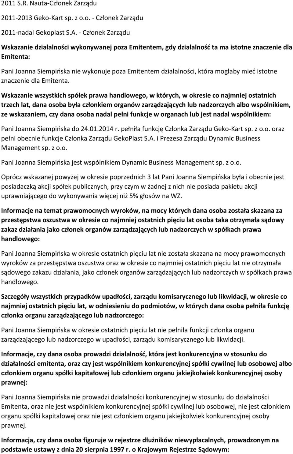 pełniła funkcję Członka Zarządu Geko-Kart sp. z o.o. oraz pełni obecnie funkcje Członka Zarządu GekoPlast S.A. i Prezesa Zarządu Dynamic Business Management sp. z o.o. Pani Joanna Siempińska jest wspólnikiem Dynamic Business Management sp.