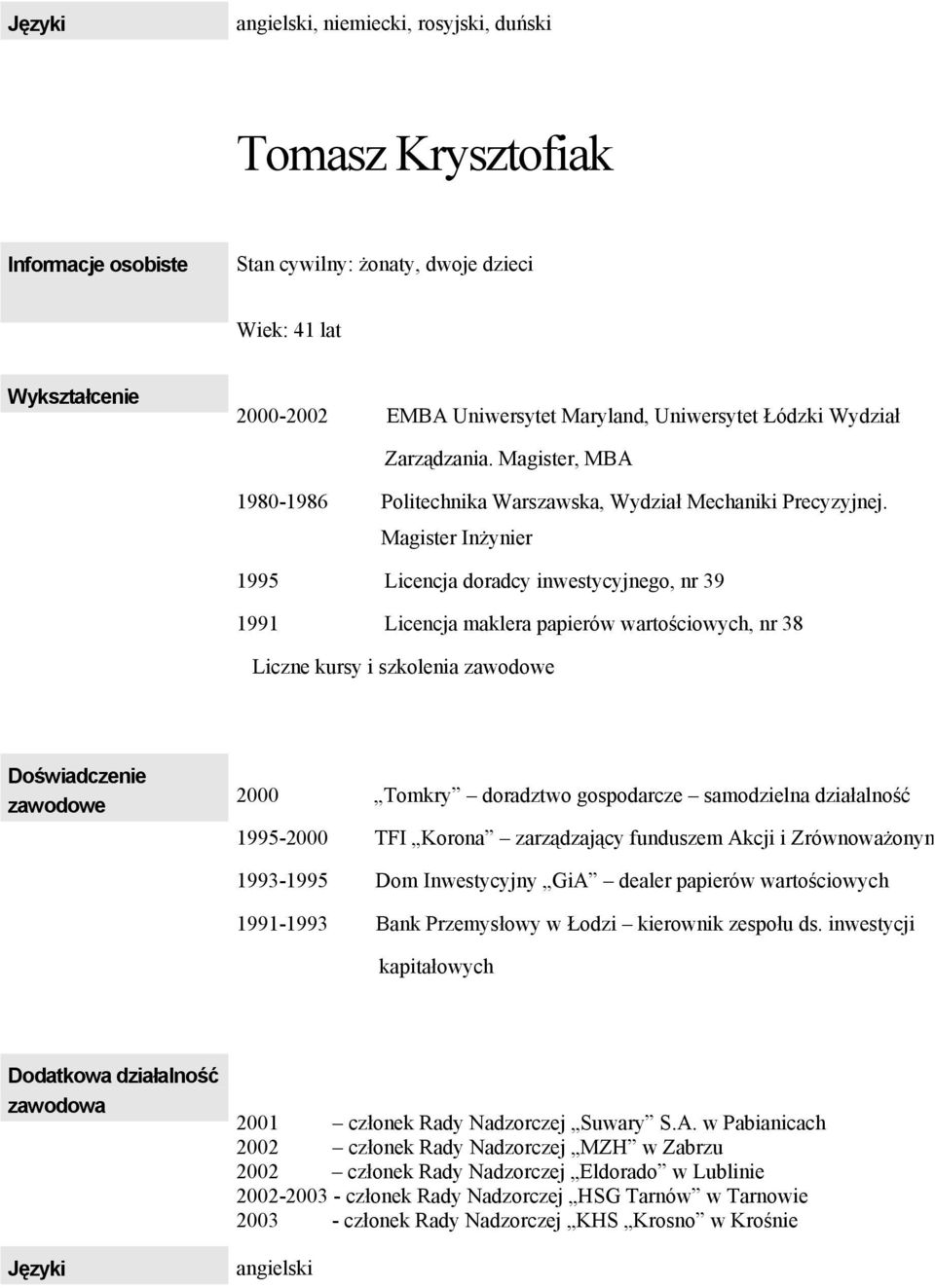 Magister Inżynier 1995 Licencja doradcy inwestycyjnego, nr 39 1991 Licencja maklera papierów wartościowych, nr 38 Liczne kursy i szkolenia 2000 Tomkry doradztwo gospodarcze samodzielna działalność