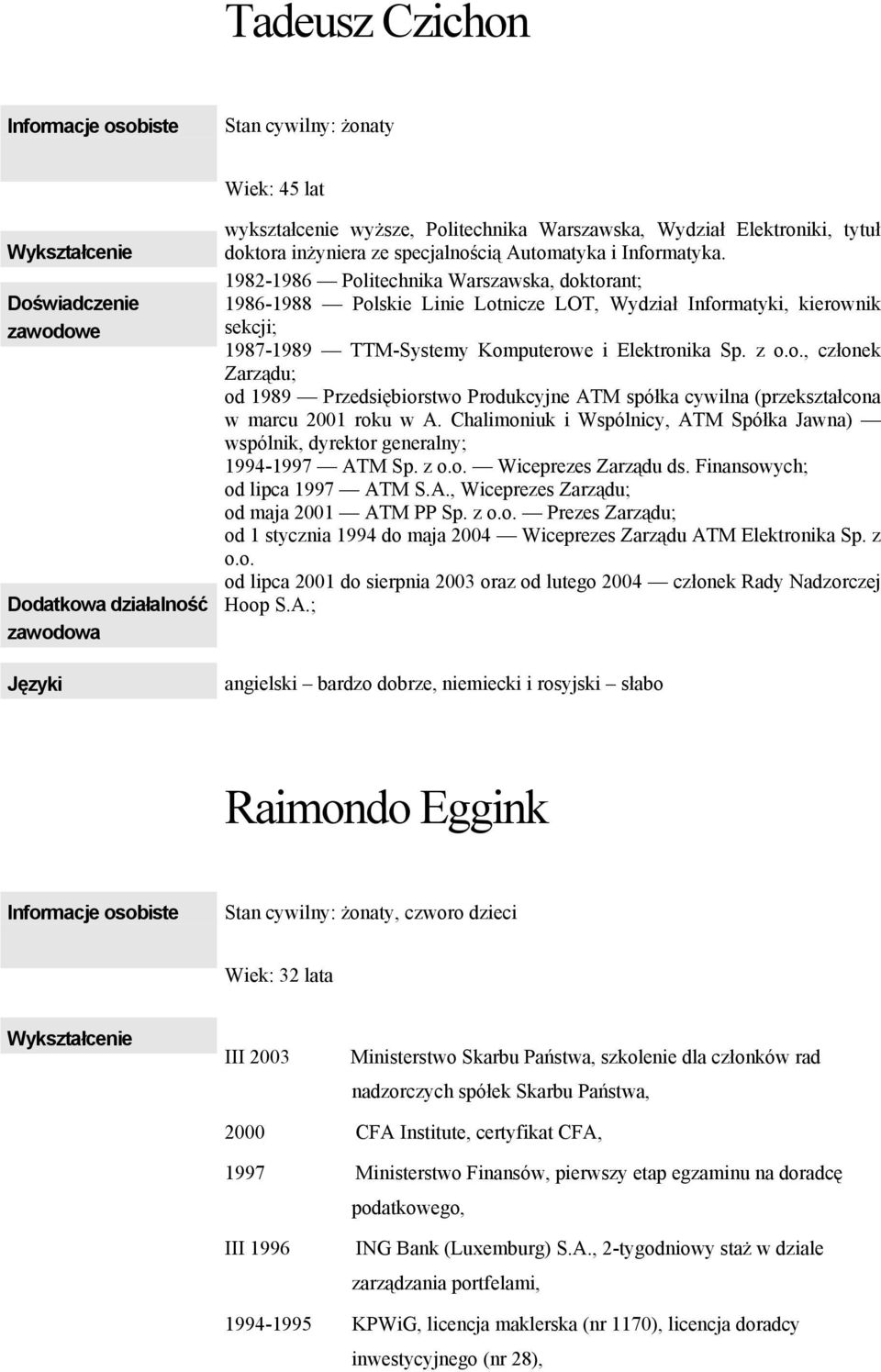 Chalimoniuk i Wspólnicy, ATM Spółka Jawna) wspólnik, dyrektor generalny; 1994-1997 ATM Sp. z o.o. Wiceprezes Zarządu ds. Finansowych; od lipca 1997 ATM S.A., Wiceprezes Zarządu; od maja 2001 ATM PP Sp.