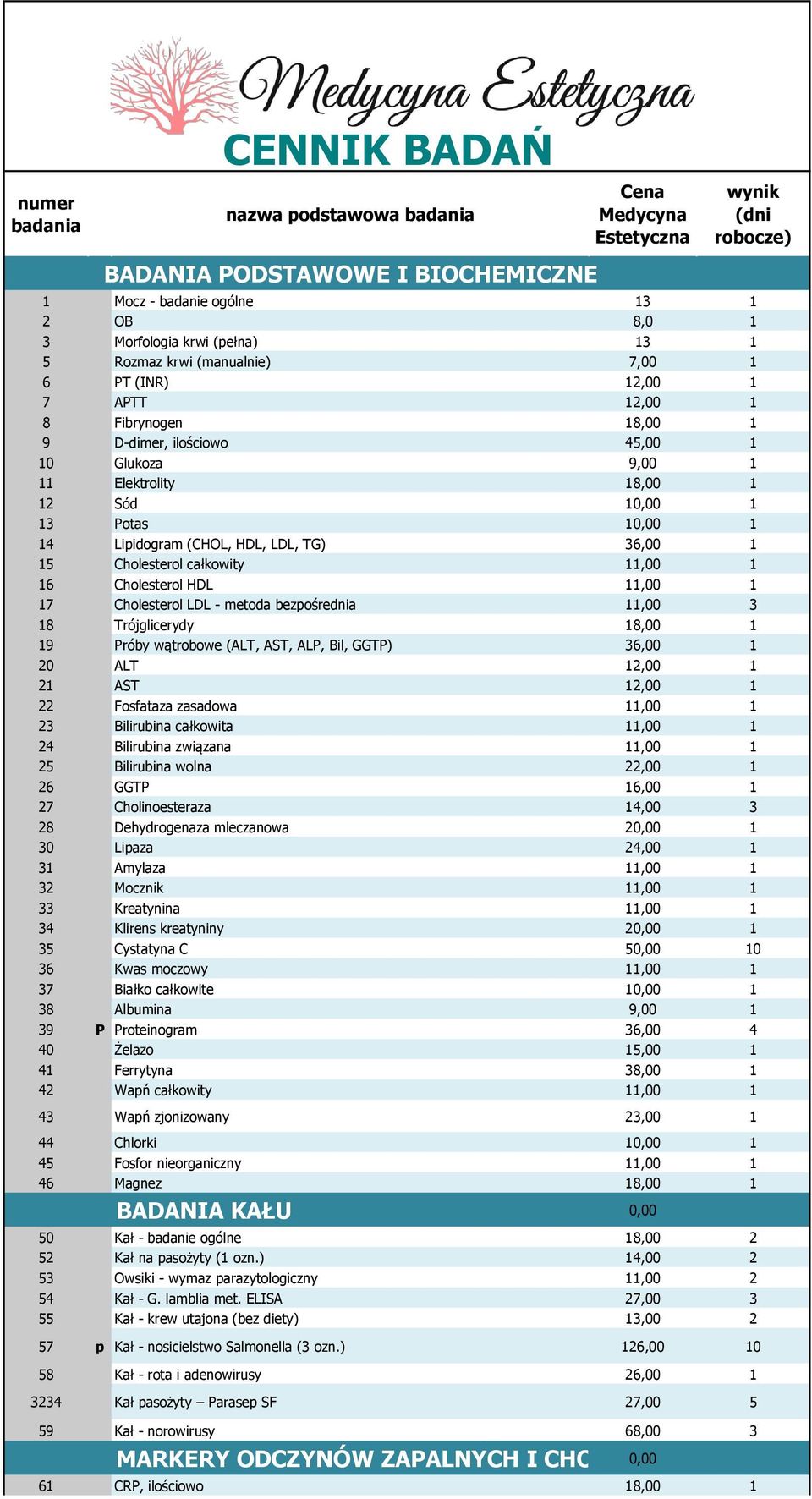 Cholesterol HDL 11,00 1 17 Cholesterol LDL - metoda bezpośrednia 11,00 3 18 Trójglicerydy 18,00 1 19 Próby wątrobowe (ALT, AST, ALP, Bil, GGTP) 36,00 1 20 ALT 12,00 1 21 AST 12,00 1 22 Fosfataza