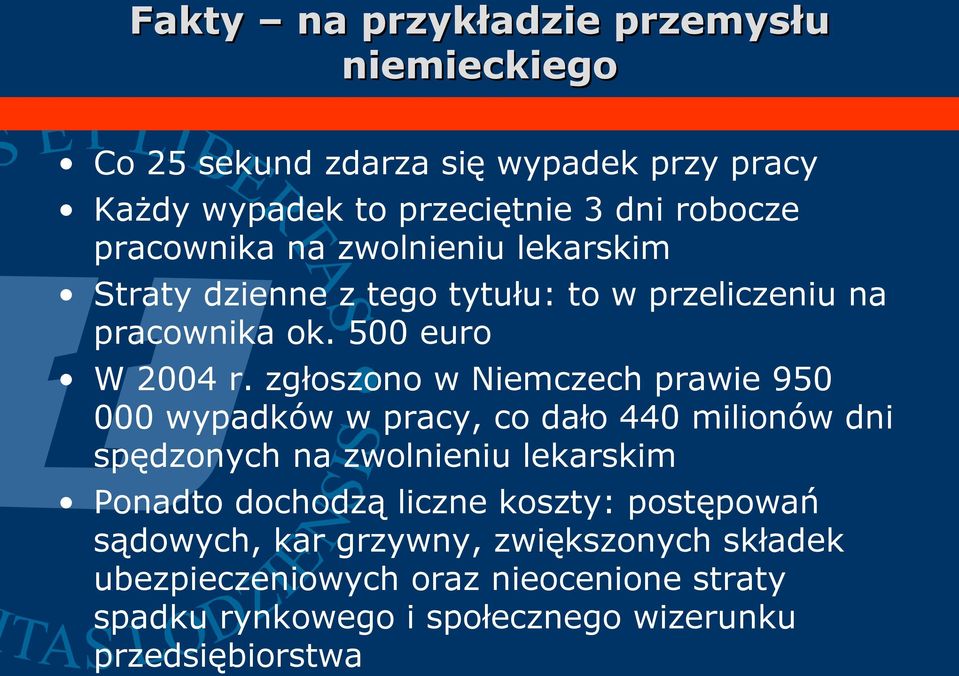 zgłoszono w Niemczech prawie 950 000 wypadków w pracy, co dało 440 milionów dni spędzonych na zwolnieniu lekarskim Ponadto dochodzą