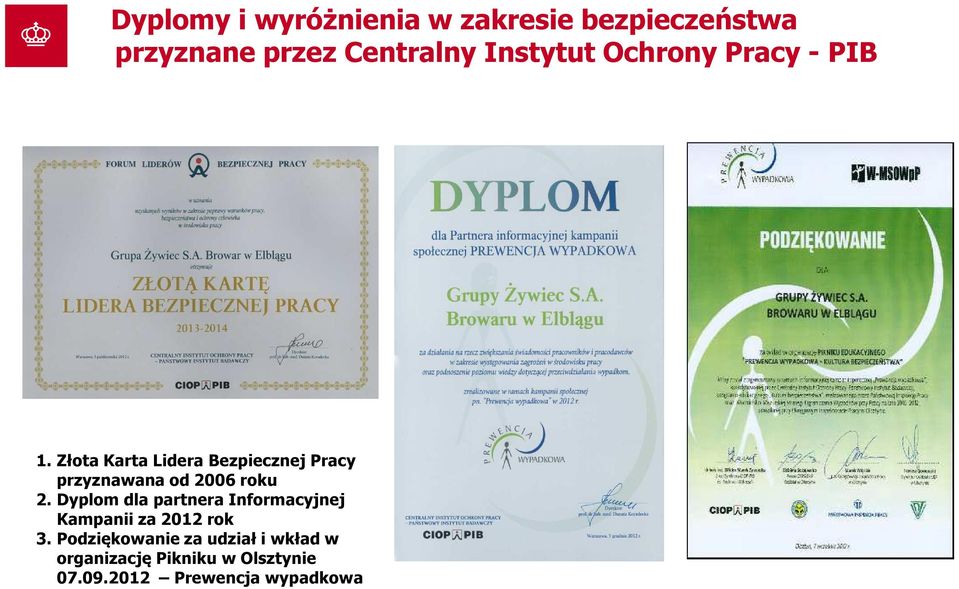 Złota Karta Lidera Bezpiecznej Pracy przyznawana od 2006 roku 2.