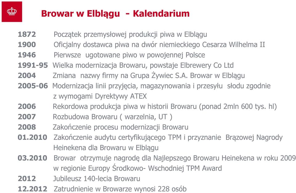 Browar w Elblągu 2005-06 Modernizacja linii przyjęcia, magazynowania i przesyłu słodu zgodnie z wymogami Dyrektywy ATEX 2006 Rekordowa produkcja piwa w historii Browaru (ponad 2mln 600 tys.
