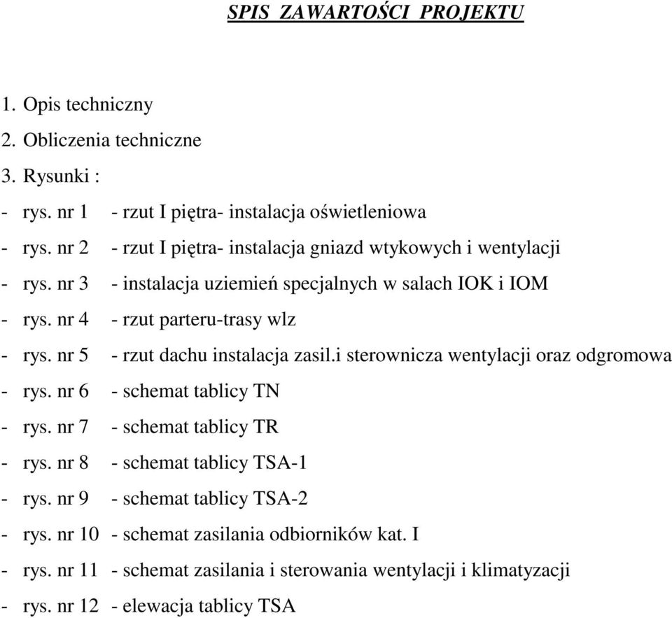 nr 5 - rzut dachu instalacja zasil.i sterownicza wentylacji oraz odgromowa - rys. nr 6 - schemat tablicy TN - rys. nr 7 - schemat tablicy TR - rys.